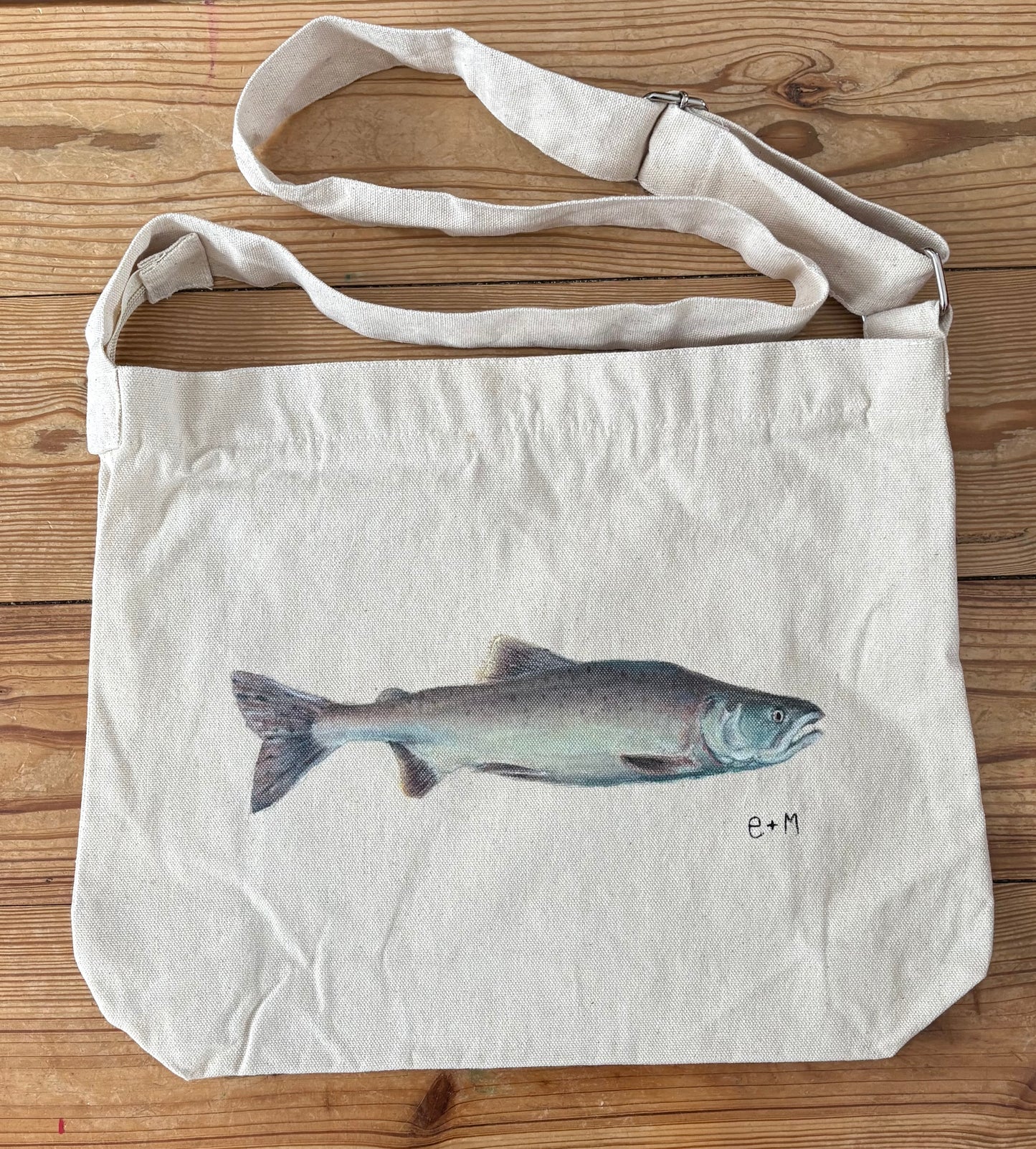 Hand painted salmon project tote