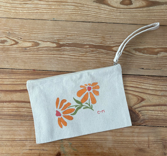 Hand painted mini zip flower pouch