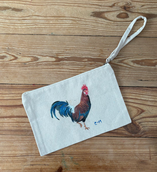 Hand painted mini zip rooster pouch