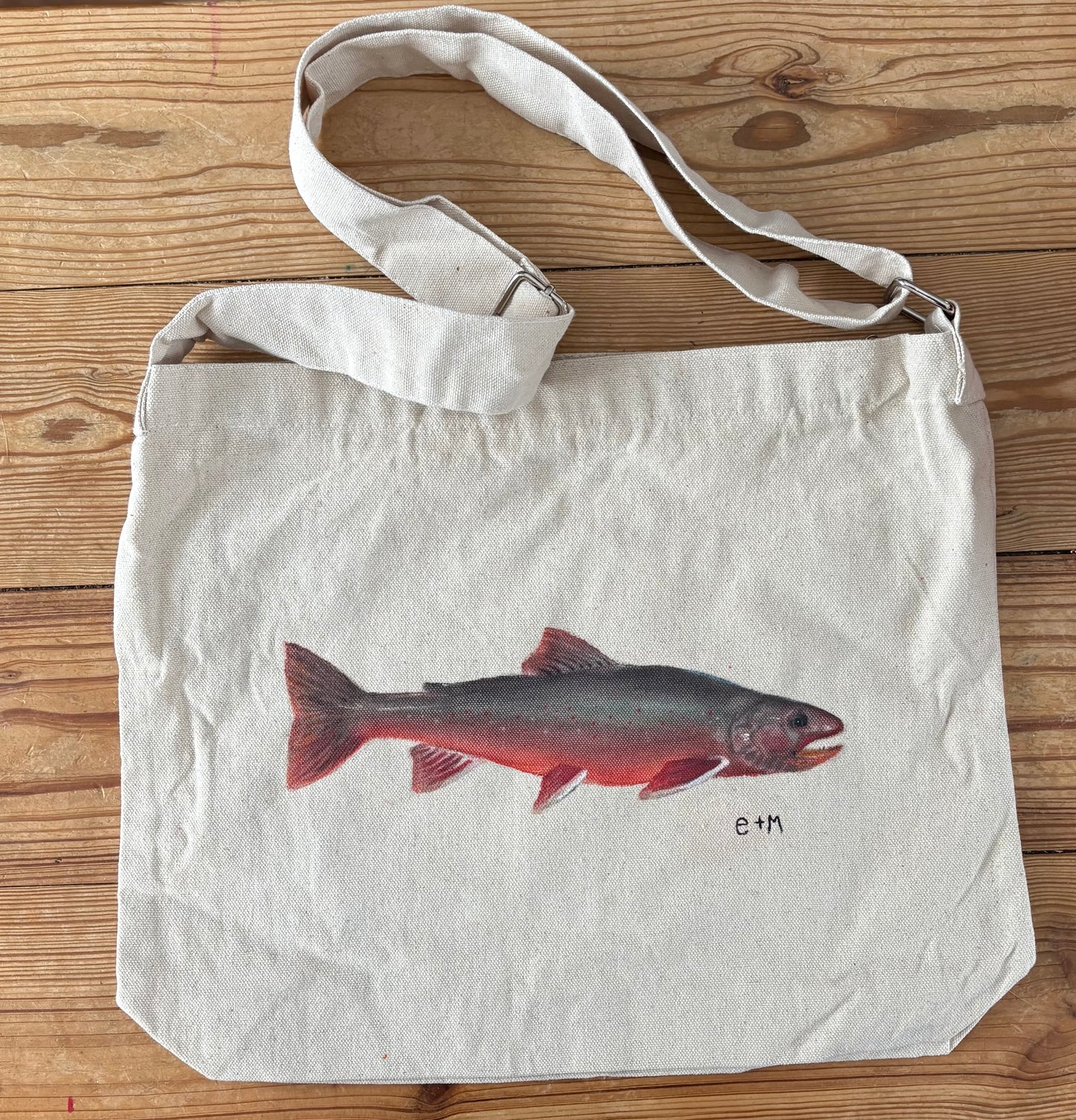 Hand painted arctic char project tote