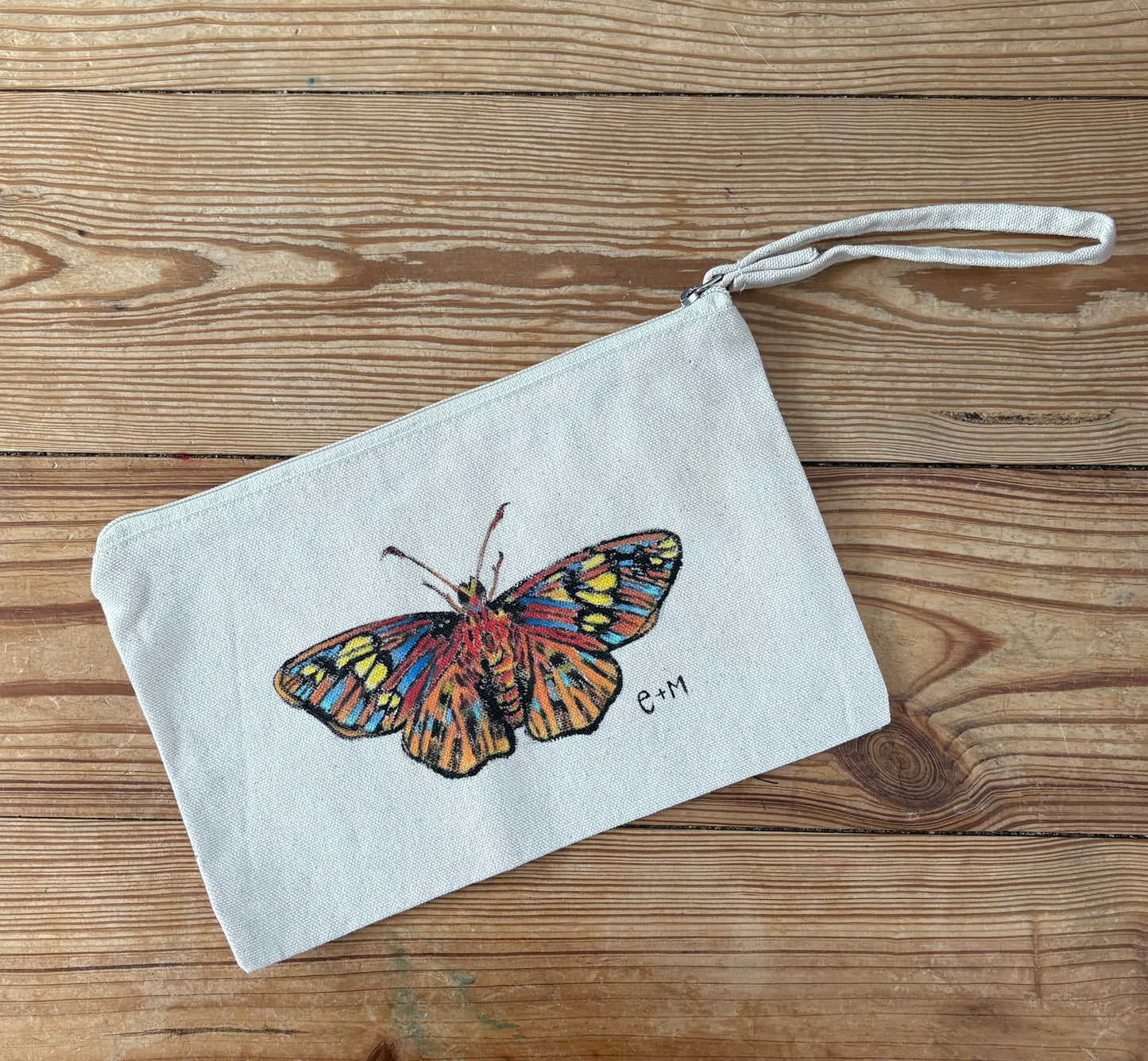 Hand painted mini zip moth pouch