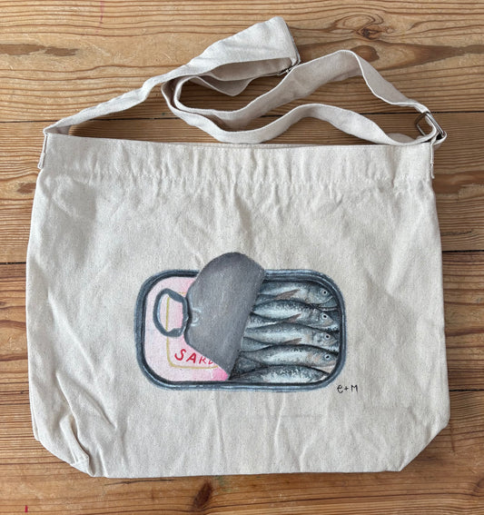 Hand painted sardine project tote